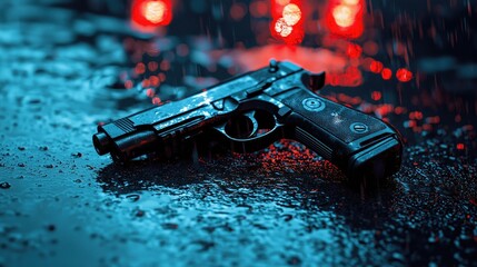 Handgun on Wet Asphalt, Crime Scene Concept, Dark Urban Mood