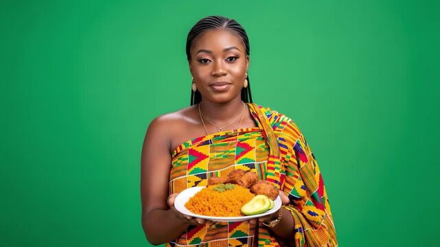 Woman holding a plate of food, likely African cuisine, against a green background.
