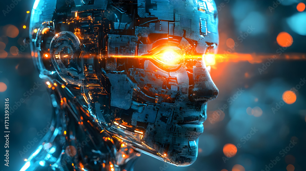 Poster a futuristic robotic face showcasing intricate circuits and glowing eyes, representing advancements 