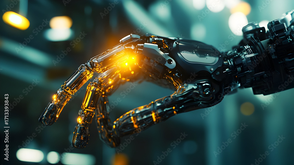 Poster a close-up of a robotic hand showcasing intricate designs and glowing elements, representing advance
