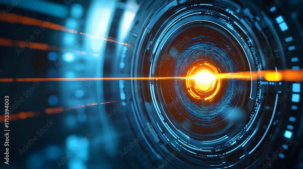 Poster abstract futuristic technology background featuring glowing circular patterns and light beams. perfe