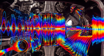 Engine Sound Visualization: Vibrant Waveforms Over Mechanical Components