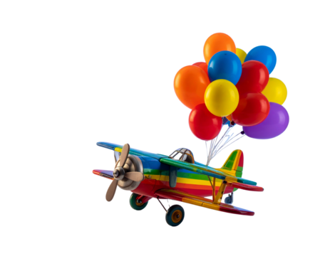 Fantasy-Themed Colorful Toy Airplane Flying with Balloons - Powered by Adobe