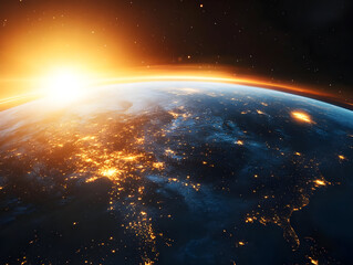 Obraz premium A stunning view of Earth from space, showcasing vibrant lights of cities and the rise of the sun on the horizon.