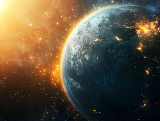 Obraz premium Vibrant view of Earth from space, showcasing bright cities and expansive cosmic surroundings in a stunning celestial scene.