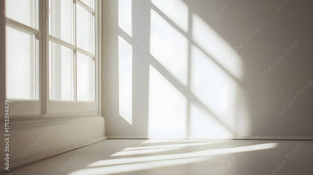 Poster a serene interior setting with natural light casting shadows on a clean floor, creating a tranquil e
