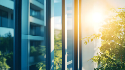 Fototapeta premium Bright sunlight shines through glass windows, illuminating lush green plants, creating a serene indoor environment.