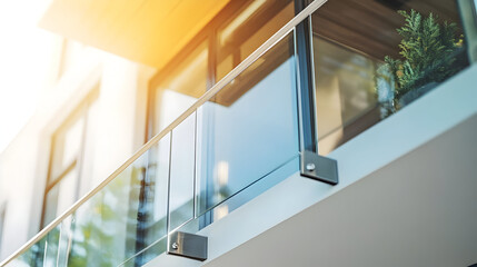 Obraz premium A modern balcony with glass railing and sunlight pouring in, showcasing contemporary design elements and serene indoor plants.