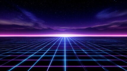 Retro futuristic grid landscape shining under the stars