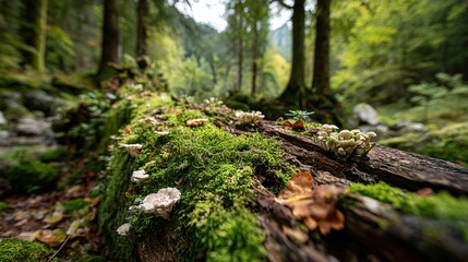 Fallen Old Rotten Tree with Moss and Mushrooms. Nature's Cycle of Decay and Regrowth in a Forest Setting.