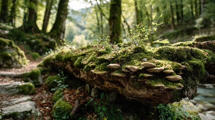 Fallen Old Rotten Tree with Moss and Mushrooms. Nature's Cycle of Decay and Regrowth in a Forest Setting.