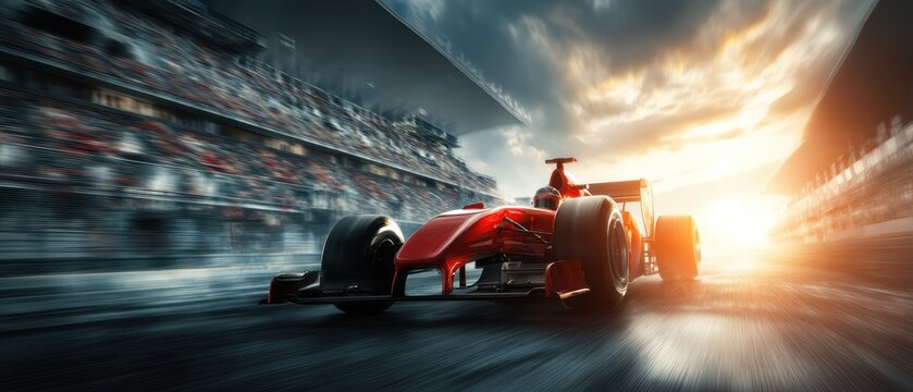 A red Formula 1 race car speeds down the track at sunset, with blurred motion and a cheering crowd in the grandstands
