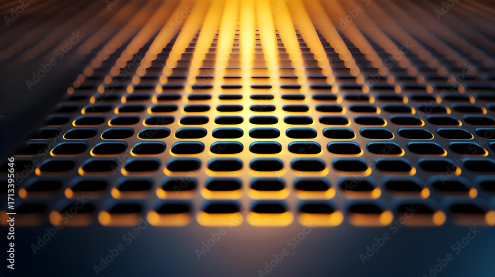 Poster close-up of perforated metal surface with an intricate pattern, illuminated by warm light creating a