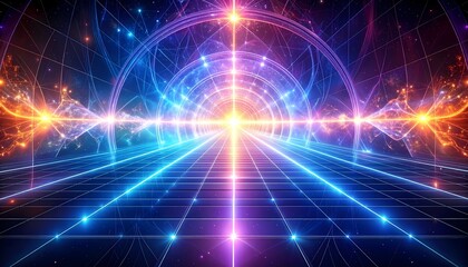 Fototapeta premium Vibrant abstract digital tunnel with glowing neon lines, grid patterns, and energetic light effects, creating a futuristic and dynamic visual.