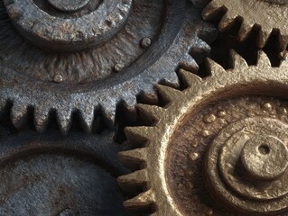 Aged metallic gears with rough, pitted textures in gold and dark iron
