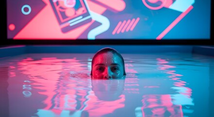 A person submerged in water, their face reflecting colorful neon lights.