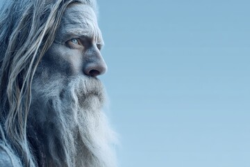 An elderly man with a long white beard and frosty hair stares intensely into the distance against a cold blue background