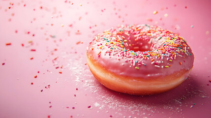 A delicious pink frosted donut adorned with colorful sprinkles, set against a vibrant pink background.