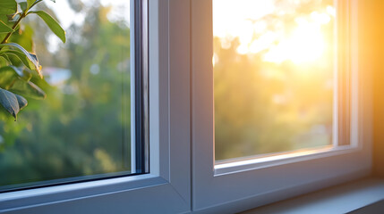 Fototapeta premium A serene view through a window at sunrise, with soft sunlight illuminating the scene, creating a warm and inviting atmosphere.