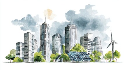 Fototapeta premium A watercolor illustration of a modern city skyline featuring skyscrapers, green spaces, and a wind turbine, emphasizing sustainability and urban design.