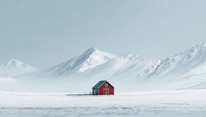 A solitary, vibrant red barn stands in a vast, snow-covered plain, dwarfed by a majestic range of snow-capped mountains under a pale, hazy sky