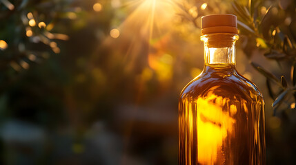 A close-up of a glass bottle filled with olive oil, illuminated by warm sunlight, highlighting its rich golden color and smooth texture.
