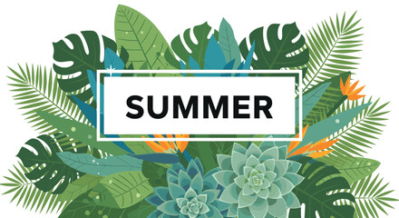 Vibrant tropical foliage and exotic flowers adorn a refreshing summer celebration.