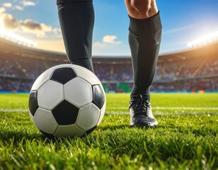 Fototapeta premium a foot that is preparing to kick the ball in the middle of the soccer field. close-up.