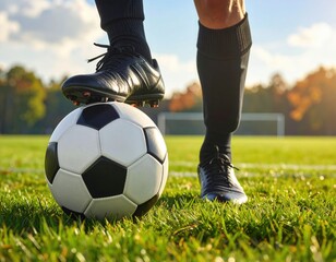 Fototapeta premium a foot that is preparing to kick the ball in the middle of the soccer field. close-up.