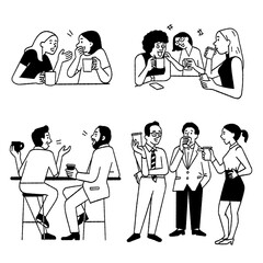 Friends talking during coffee time, happy time, togetherness, chatting, gossiping, and relaxing time in office. Vector illustration character, outline, linear, thin line art, hand drawn sketch.