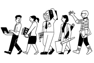 Vector character of young creative teamwork walking together in the same direction, smiling and happy. 