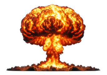 A dramatic explosion, a fiery cloud against a stark black backdrop, displays intense energy and destruction.