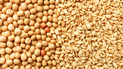 Fototapeta premium Collage of dry lentil, pea, soybean, oat and barleycorn