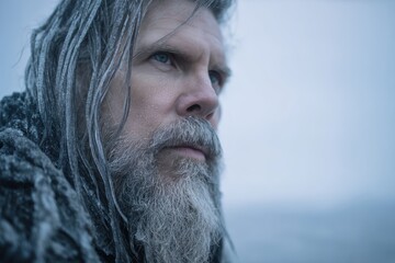 A bearded man with frosted hair and icy beard gazes intensely into the cold, wintry distance