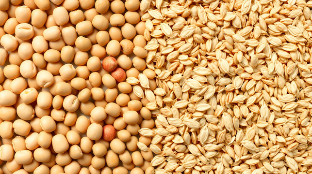 Collage of dry lentil, pea, soybean, oat and barleycorn