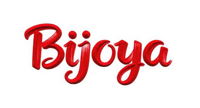 The word bijoya written in a stylish red bengali script, symbolizing victory and the end of durga puja celebrations, isolated on white