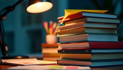 Illuminated study desk with stacked books and a glowing lamp for education and knowledge
