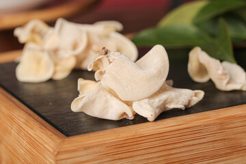 Premium White Jade Mushrooms from Changbaishan - Extra Fine Grade Dried Medicinal Fungi on Slate Board