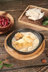 Traditional Bamboo Shoot Soup Fujian Spring Cuisine Asian Food Fresh Ingredients Wooden Table Setting