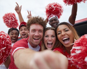 Enthusiastic College Football Fans Tailgate Party Authentic Young Adults Celebrating with Pom-Poms, Foam Hands, and School Spirit for Social Media Campaigns