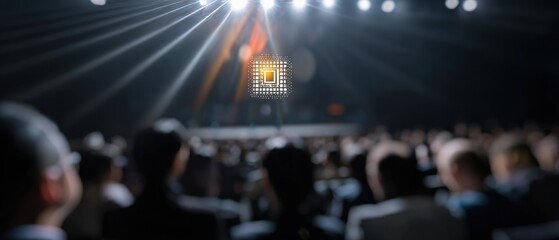 Professional Quantum Computing Conference with Futuristic Holographic Chip Projection Inspiring Tech Innovation for Business and Social Media Campaigns