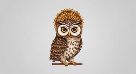 Fototapeta premium Stylized owl with a golden headdress, isolated on grey background