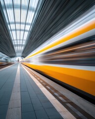 Obraz premium Modern High-Speed Train Motion Blur in Station Premium Urban Transportation Innovation for Young Professionals Marketing and Advertising Campaigns