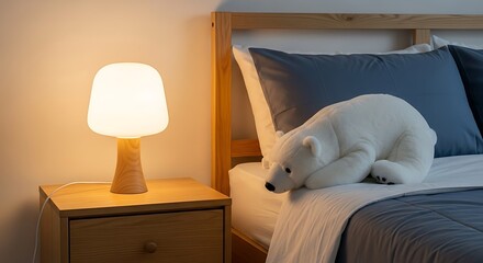 A softly lit bedroom scene featuring a wooden bedside table with a lamp, and a plush polar bear toy resting on a bed with blue bedding