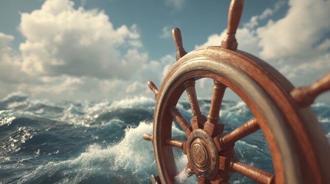 A wooden ship wheel stands against a backdrop of choppy ocean waves under a partly cloudy sky