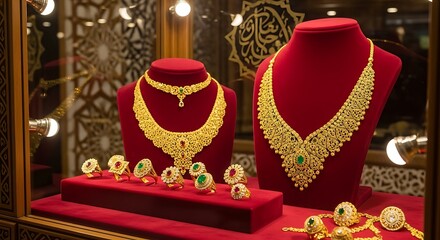 Display of gold jewelry on red stands in a shop window.