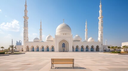 Fototapeta premium Sheikh Zayed Mosque View in Abu Dhabi with Bench and Clear Blue Sky