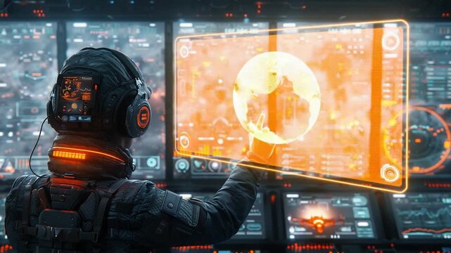 Futuristic control room with operator interacting digitally - Powered by Adobe