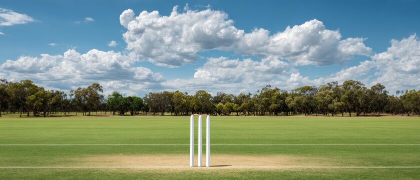 Professional Cricket Pitch with Stumps on a Clear Day High-Quality Sporting Environment for Marketing and Advertising in Outdoor Lifestyle Campaigns