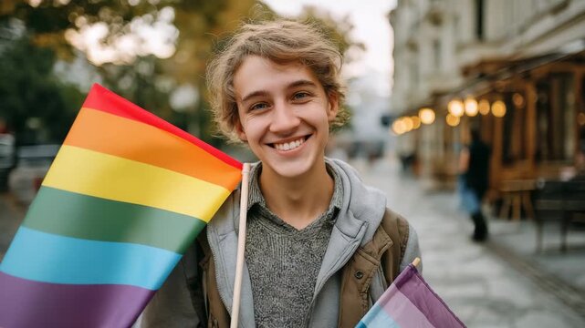 A young man is holding a rainbow flag. He is smiling. trans person holding trans flag and rainbow flag together in Budapest city street, pride documentary muted